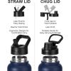 imageSUNWILL Insulated Water Bottle with Straw 32oz Stainless Steel Travel Water Bottle Leak Proof BPA Free Thermal Canteen Reusable Wide Mouth Flask with 2 Lids Straw ampamp Spout Lid Navy