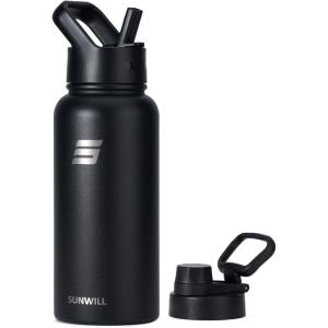 imageSUNWILL Insulated Water Bottle with Straw 32 oz Vacuum Stainless Steel Metal Sports Water Bottle with Straw and Spout lid Wide Mouth Leak proof Powder Coated Black