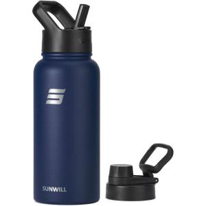 imageSUNWILL Insulated Water Bottle with Straw 32oz Stainless Steel Travel Water Bottle Leak Proof BPA Free Thermal Canteen Reusable Wide Mouth Flask with 2 Lids Straw ampamp Spout Lid Navy