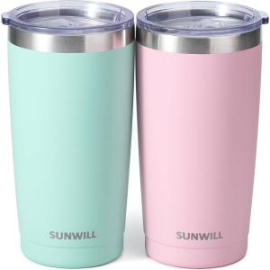 imageSUNWILL Travel Coffee Mug with Lid 20 oz Tumbler Set of 2 Insulated Stainless Steel Cup for Water Tea Powder Coated Sakura ampamp MintPowder Coated Sakura  Mint