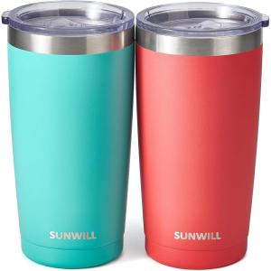 imageSUNWILL Travel Coffee Mug with Lid 20 oz Tumbler Set of 2 Insulated Stainless Steel Cup for Water Tea Powder Coated Sakura ampamp MintPowder Coated Teal  Coral