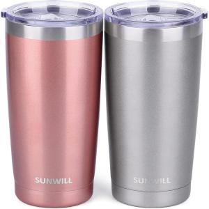 imageSUNWILL Travel Coffee Mug with Lid 20 oz Tumbler Set of 2 Insulated Stainless Steel Cup for Water Tea Powder Coated Sakura ampamp MintRose Gold  Cool Grey