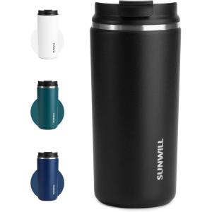 imageSUNWILL Travel Coffee Mug with Lid Leak Proof Tumbler Stainless Steel 16 oz Insulated Cup for Water Tea Ice Powder Coated IcebergPowder Coated Black