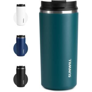 imageSUNWILL Travel Coffee Mug with Lid Leak Proof Tumbler Stainless Steel 16 oz Insulated Cup for Water Tea Ice Powder Coated IcebergPowder Coated Peacock Blue