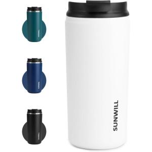 imageSUNWILL Travel Coffee Mug with Lid Leak Proof Tumbler Stainless Steel 16 oz Insulated Cup for Water Tea Ice Powder Coated IcebergPowder Coated White