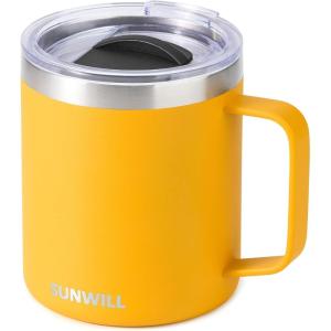 imageSUNWILL Travel Coffee Mugs Set of 4 Insulated Tumbler with Lid 14oz Stainless Steel Cup with Handle Bulk for Gift Camping Office Powder Coated Charcoal Royal Blue Magenta YellowPowder Coated Yellow
