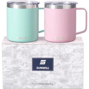 imageSUNWILL Travel Coffee Mugs Set of 4 Insulated Tumbler with Lid 14oz Stainless Steel Cup with Handle Bulk for Gift Camping Office Powder Coated Charcoal Royal Blue Magenta YellowPowder Coated Sakura  Mint