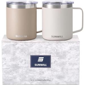 imageSUNWILL Travel Coffee Mugs Set of 4 Insulated Tumbler with Lid 14oz Stainless Steel Cup with Handle Bulk for Gift Camping Office Powder Coated Charcoal Royal Blue Magenta YellowPowder Coated Cream  Taupe