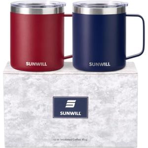 imageSUNWILL Travel Coffee Mugs Set of 4 Insulated Tumbler with Lid 14oz Stainless Steel Cup with Handle Bulk for Gift Camping Office Powder Coated Charcoal Royal Blue Magenta YellowPowder Coated Navy Blue  Wine Red