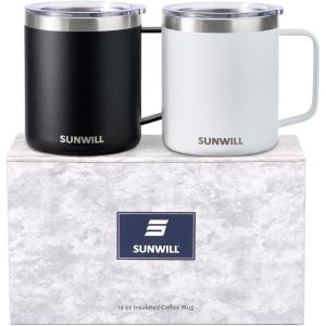 imageSUNWILL Travel Coffee Mugs Set of 4 Insulated Tumbler with Lid 14oz Stainless Steel Cup with Handle Bulk for Gift Camping Office Powder Coated Charcoal Royal Blue Magenta YellowPowder Coated Black  White