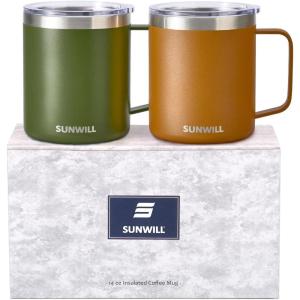 imageSUNWILL Travel Coffee Mugs Set of 4 Insulated Tumbler with Lid 14oz Stainless Steel Cup with Handle Bulk for Gift Camping Office Powder Coated Charcoal Royal Blue Magenta YellowPowder Coated Olive  Caramel