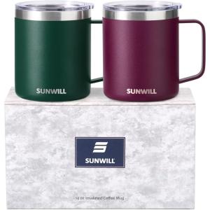 imageSUNWILL Travel Coffee Mugs Set of 4 Insulated Tumbler with Lid 14oz Stainless Steel Cup with Handle Bulk for Gift Camping Office Powder Coated Charcoal Royal Blue Magenta YellowPowder Coated Forest Green  Plum