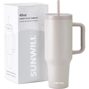 imageSUNWILL Travel Coffee Tumbler with Lid and Straw 40 oz Tumbler with Handle Tumbler Cups Insulated Reusable Stainless Steel Coffee Mug for Office and Home Cupholder Friendly Almond