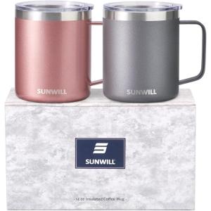 imageSUNWILL Travel Coffee Mugs Set of 4 Insulated Tumbler with Lid 14 oz Stainless Steel Cup with Handle Bulk for Gift Camping Office Powder Coated Orchid Iceberg Mint SakuraCool Grey  Rose Gold
