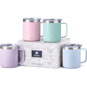 imageSUNWILL Travel Coffee Mugs Set of 4 Insulated Tumbler with Lid 14 oz Stainless Steel Cup with Handle Bulk for Gift Camping Office Powder Coated Orchid Iceberg Mint SakuraPowder Coated Orchid  lceburg  Mint  Sakura